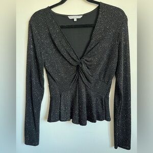 Red Herring Long Sleeve Glitter Sparkle Sparkly V-Neck Blouse Top - Black - US 6